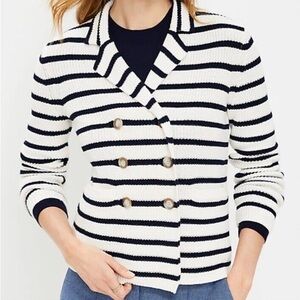 Loft Striped Navy Blue&Cream Cardigan Jacket Sweater Large Shacket Cozy Fallcore
